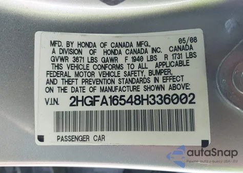 2008 Honda Civic Lx из США, поврежденный, VIN 2HGFA16548H336002